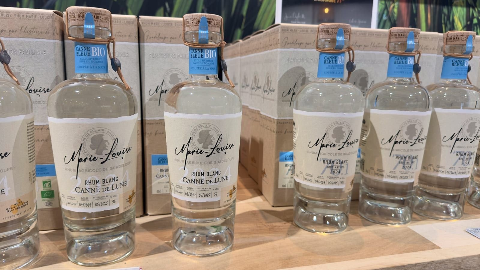 Deux bouteilles de rhum blanc Marie-Louise « canne de lune » en rayon, devant leurs étuis cartonnés.
